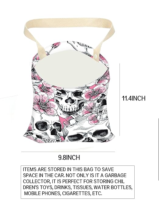 Car Garbage Can, Car Trash Bag, Car Garbage Bag, Hanging Car Trash Can for Car Accessories, Vehicle, Travelling, Camping, Cute Car Back Seat Organizer, Skull Pink Floral