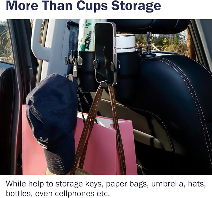Headrest Back Seat Car Cup Holder, Versatile Road Trips Car Storage Organizer with Hanger for Bottles, Drinks, and Coins, Compatible with Cars, SUV, Trucks 2 Pack