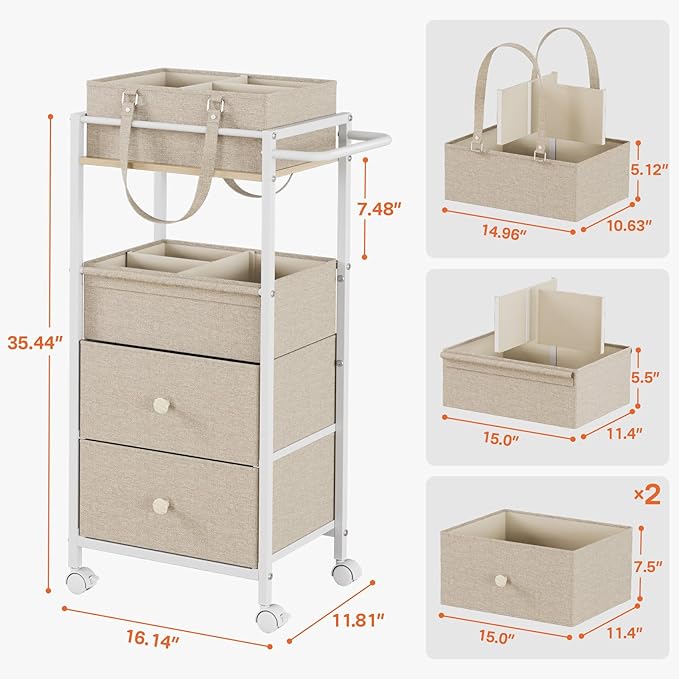 Modanais Baby Diaper Caddy Organizer Cart with Drawers - 3In1 Rolling Storage Cart with Wheels, Removable Diaper Caddy, Detac