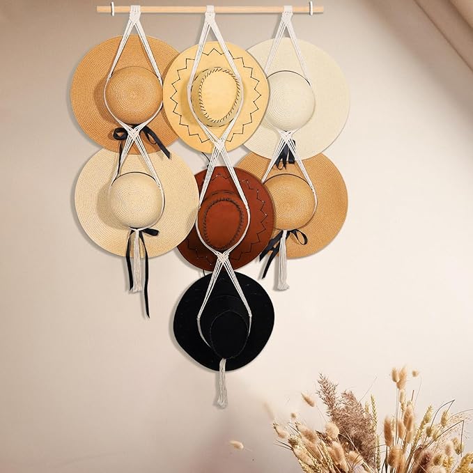 ZYP 7 Hats Style Macrame Hat Hanger Hat Rack for Wall,Women Decor Hat Holder,Bobo Hanging Hat Organizer Storage,Hats Display 