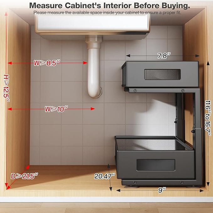 2 Packs 21IN Depth Under Sink Organizer, 2-Tier Pull Out Cabinet Organizer With Smooth Circular Rail, Large Capacity Metal Me