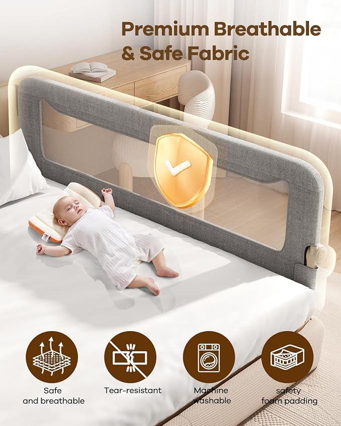 Foldable Bed Rail for Toddlers, 71in Reinforced Carbon Steel Frame&Connectors, Breathable Cationic Fabric - Safety Toddler Be