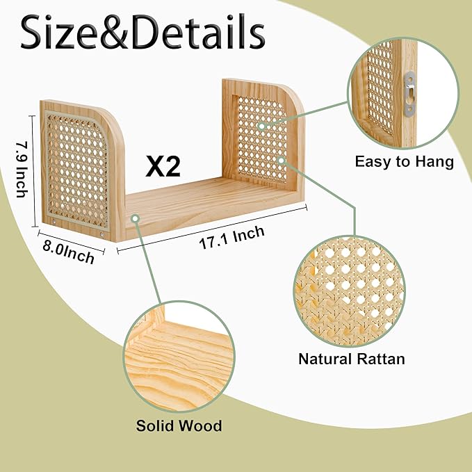 Rattan Shelf Set of 2, Natural 8 Inch Deep Wooden Hanging Bookshelf, Cute Nursery Shelves Wall Mounted, Boho Decorative Float