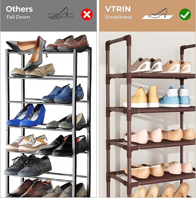 VTRIN 10 Tiers Tall Shoe Rack Holds 20-25 Pairs of Shoes Sturdy Vertical Shoe Organizer with 18pcs Hooks Stackable Narrow Sho