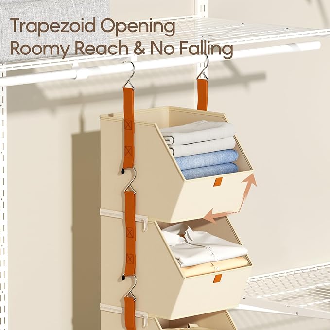 Homsorout Collapsible Hanging Closet Organizer - 3 Tier Closet Shelves Storage System with Hooks, Fabric Hanging Storage Bins