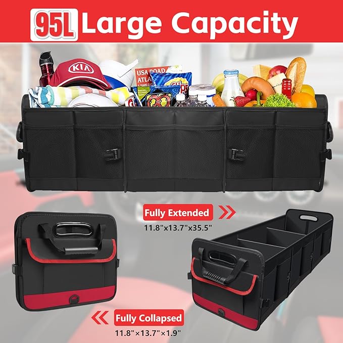 Car Trunk Organizer,Heavy Duty Collapsible 95 L Capacity Car Trunk Storage Organizer,Multi-Compartment Pockets, Adjustable Stra