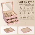 3-Layer Jewelry Box for Women, Jewelry Organizer with Glass Lid and Drawers, Jewelry Organizers and Storage for Necklaces, Ri