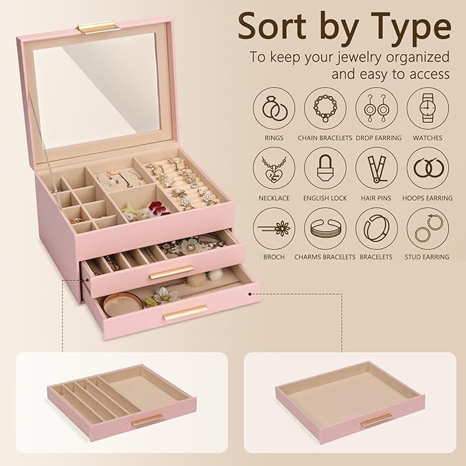 3-Layer Jewelry Box for Women, Jewelry Organizer with Glass Lid and Drawers, Jewelry Organizers and Storage for Necklaces, Ri