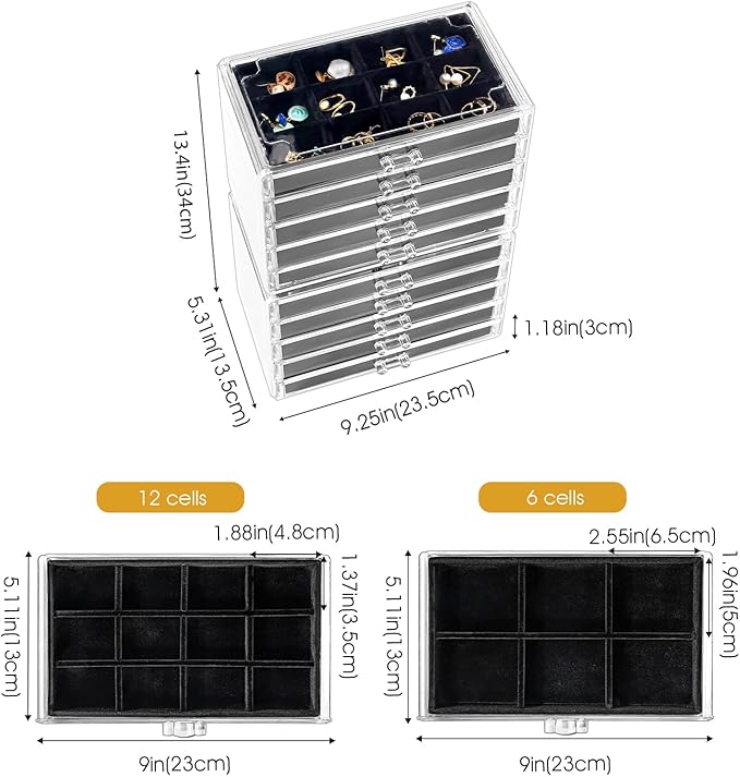 ProCase Earring Holder Organizer Jewelry Box with 10 Drawers, Acrylic Clear Earring Case with Adjustable Velvet Trays for Wom