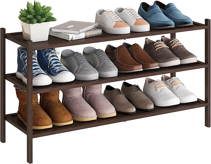 BMOSU 3-Tier Bamboo Extended Shoe Rack Premium Stackable Shoe Shelf Storage Organizer for Hallway Closet Living Room Entryway