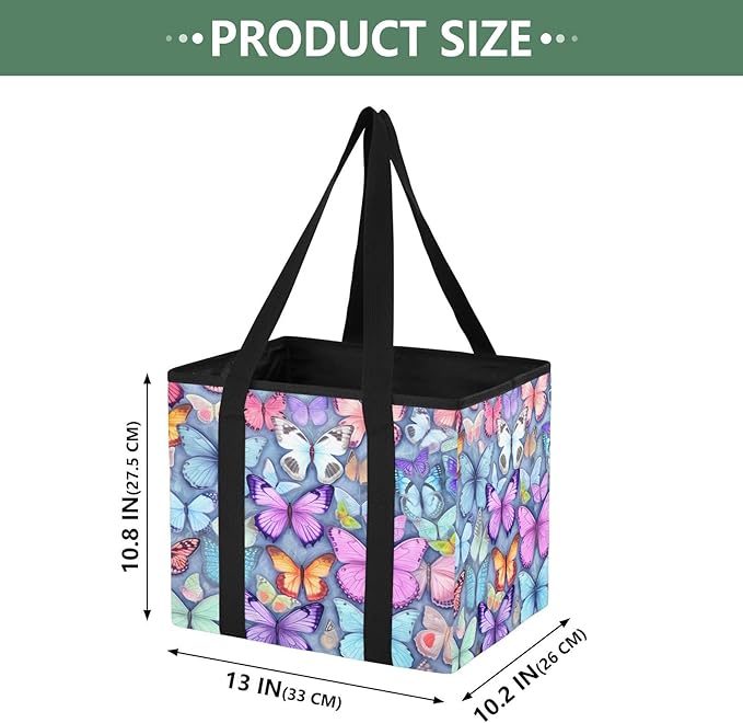 Colorful Butterflies Reusable Grocery Bags Large Shopping Tote Bag with Reinforced Bottom Board, Water Resistant Foldable Sto