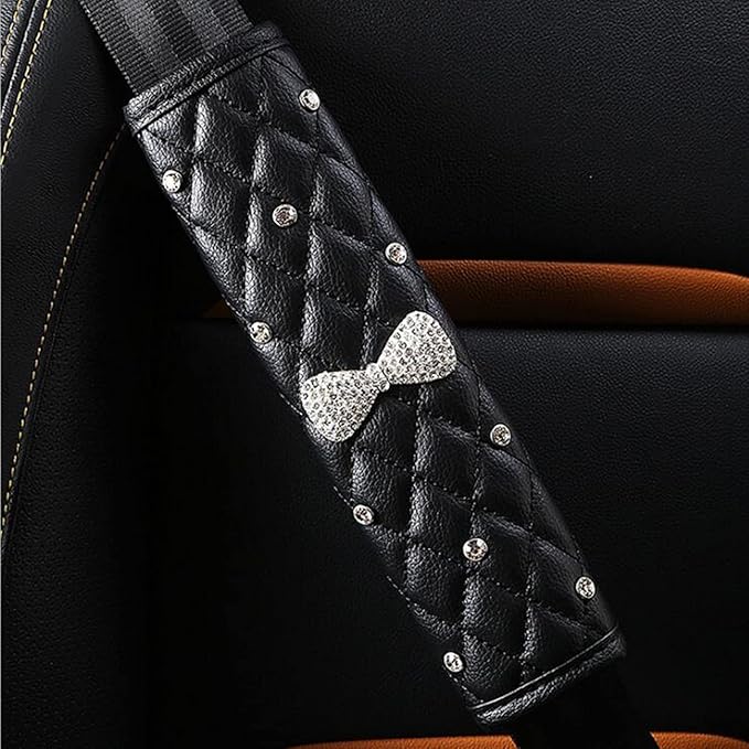 HYL World 2PCS Leather Bow Seat Belt Covers Seat Belt Shoulder Pads with Sparkling Bling Rhinestones Decor,Black