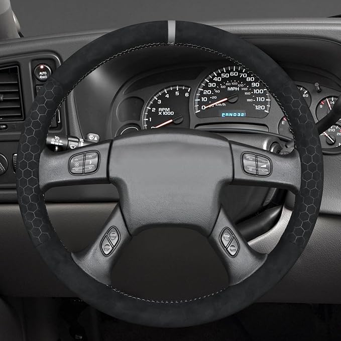 MEWANT Suede Steering Wheel Cover for Chevy Silverado 1500 2003-2006 DIY Hand-Stitched Non-Slip Grip Black Embossed Wrap