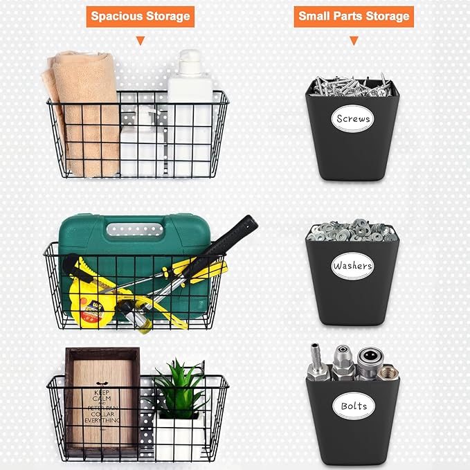 Pegboard Basket Organizers, Peg Board Large Baskets Hooks Bins Cups Tool Organizer 6 Pack Set, Wall Storage Display Hanging A