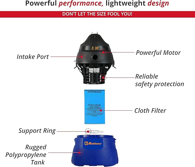 Koblenz WD-353L Portable Wet-Dry Vacuum Cleaner, 3 Gallon Tank, 2.0 HP Vacuum Cleaner with Several Accessories, 5 Year Warran