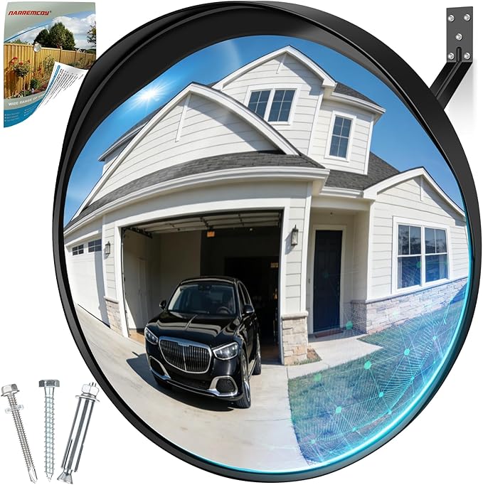 New 24 Inch Acrylic Convex Mirror with Rain-shield - Adjustable Wide Angle View Traffic Mirror Indoor Outdoor, Wall Mounting Blind Spot for Garage Warehouse, School, Store Safety and Office