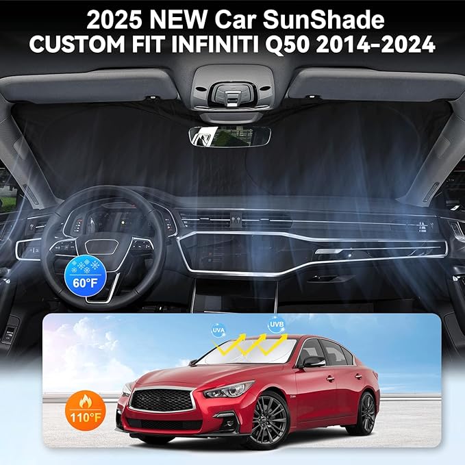 Custom Fit Infiniti Q50 Windshield Sunshade for 2014-2024 2025 Q50 for Infiniti Front Window Shades Cover for Windshield Sun Visor Protector 210T Reflector Blocks UV Rays Cooler Car Accessories