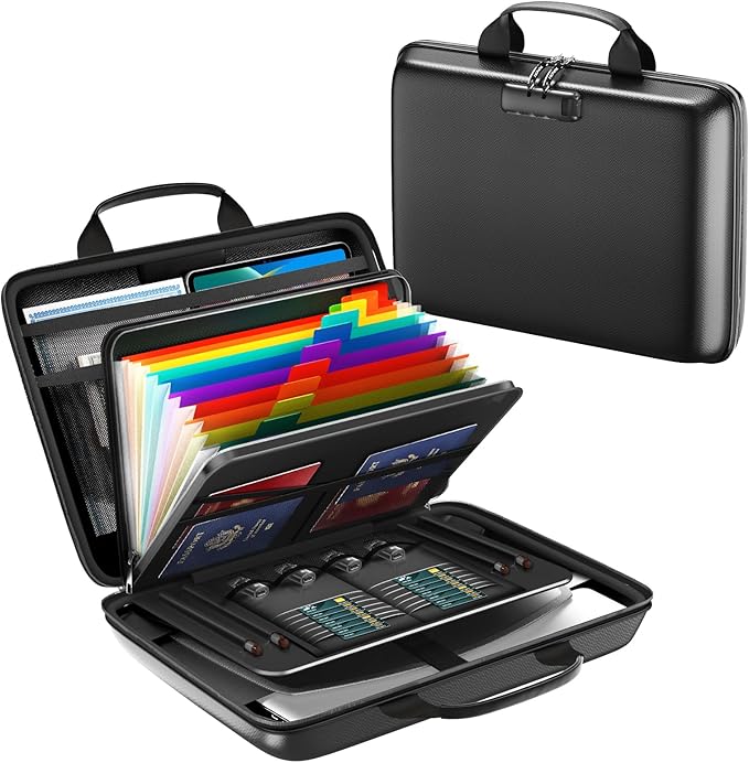 Fireproof Document Box, Hard Case Fireproof File Organizer with Lock and 13 Pocket Accordion File Folder, Portable Safe Box f