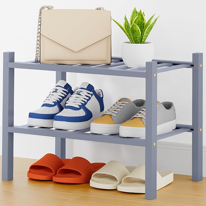 Smiry Shoe Rack, 2 Tier Thick Small Bamboo Shoe Organizer, Stackable Free Standing Wooden Shoe Storage Shelf for Closet, Entr
