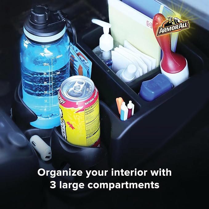 Armor All Car Console Organizer, Car Seat Organizer with 2 Adjustable Cup Holders, 3 Large Storage Compartments, Seatbelt for Secure Hold, Vehicle Middle Seat Organizer for Cars, Trucks, Minivans