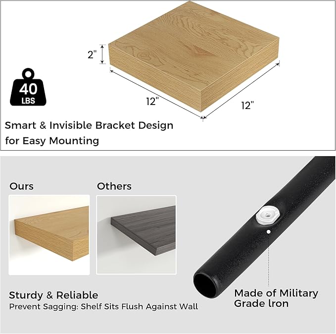 Square Floating Shelves for Wall, 12" W x 12" D x 2" H, 2 Pack of Small Wall Mounted Engineered Wood Shelves with Invisible B