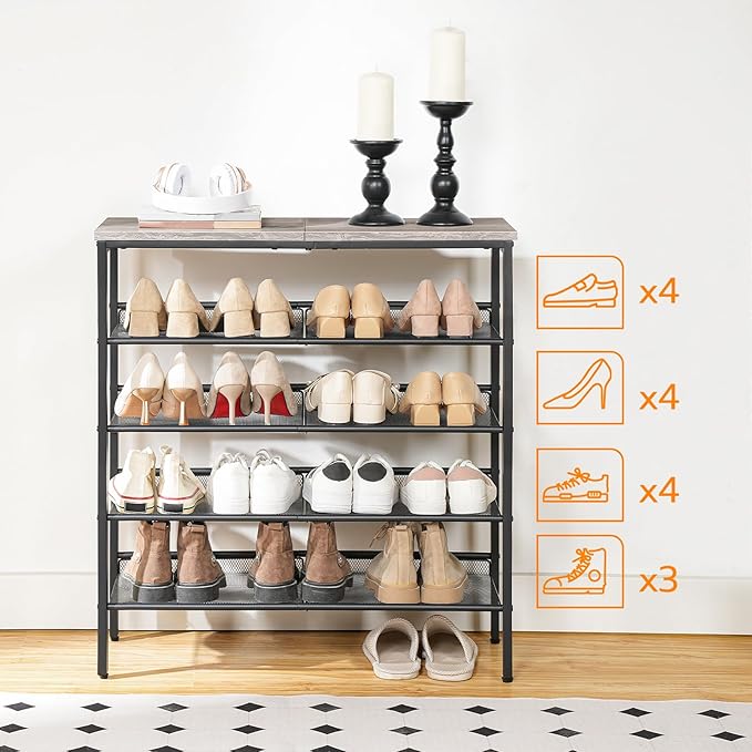 HOOBRO Shoe Rack for Entryway, 5-Tier Shoe Organizer with Adjustable Mesh Shelves, 16-20 Pairs of Shoes, Spacious Floor Mount