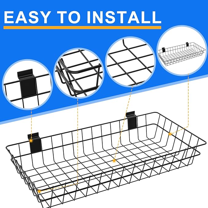 4 Pack Extra Large Slatwall Baskets, 24" x 12" x 4" Slatwall Panel Hanging Wire Basket for PVC Slatwall Ventilated Metal Slat