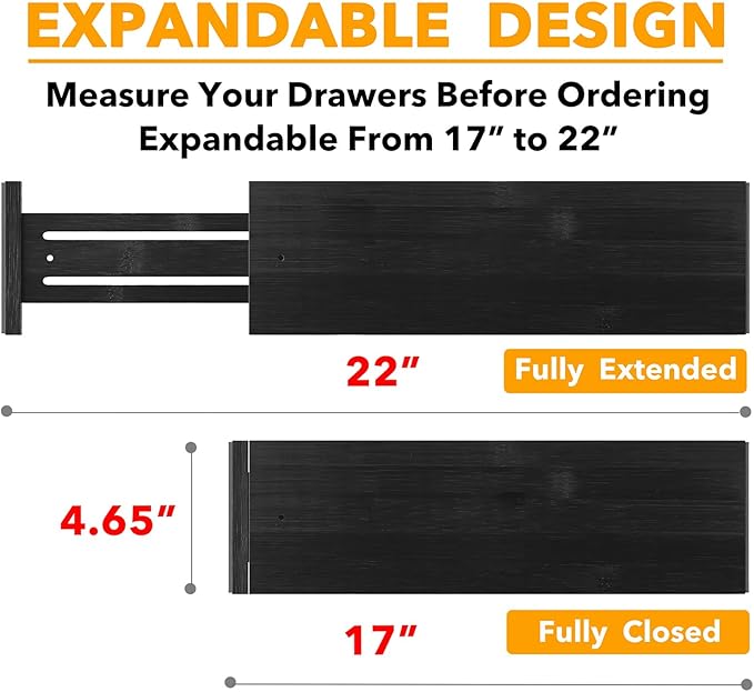 SpaceAid Bamboo Dresser Drawer Dividers 6 Pack, 4.65“ High Adjustable 17“-22” Drawer Organizers, Expandable Organization for 