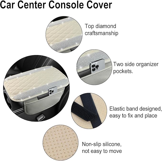 NBTEPEM Bling White Car Center Console Cover, Leather Car Arm Rest Cover with 2 Storage Bags, Universal Auto Armrest Protector Storage Box, Bling Accessories Interior for Most Vehicles