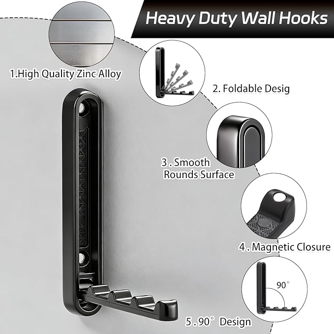 Dntorx 2 Pcs Extended Folding Coat Hooks Wall Mounted, 4.33 in Black Foldable Wall Hooks Heavy Duty Valet RV Hooks Bathroom T