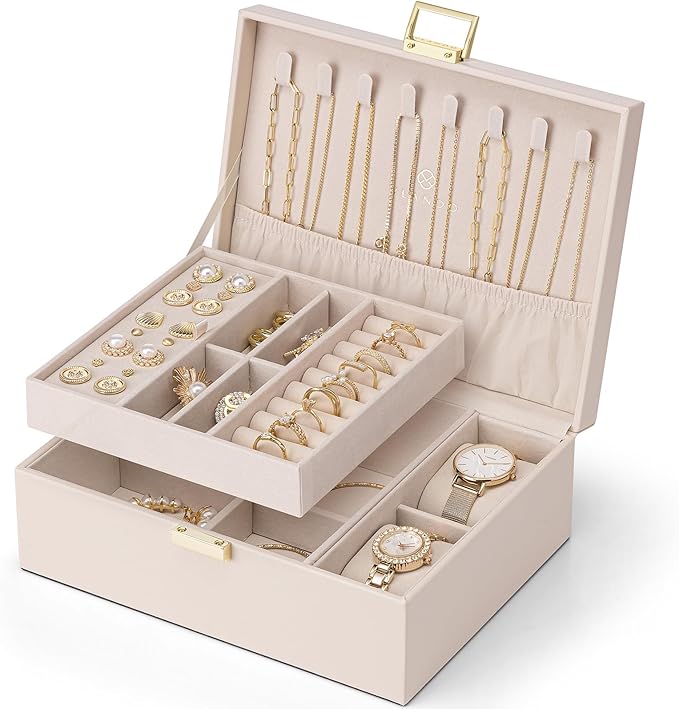 VLANDO 2 Layer Jewelry Boxes Large Jewelry Organizer for Women Removable Jewelery Tray for Watch Necklace Earrings Rings Brac