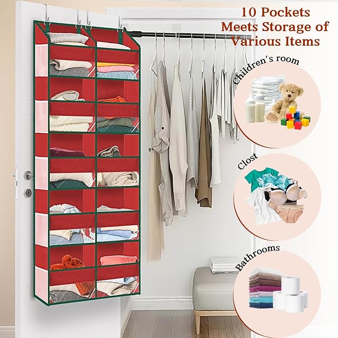 Christmas Over The Door Organizer 5 Tiers, Extra Large Behind Door Storage of 10 Compartments, 80 lbs Weight Capacity Hanging