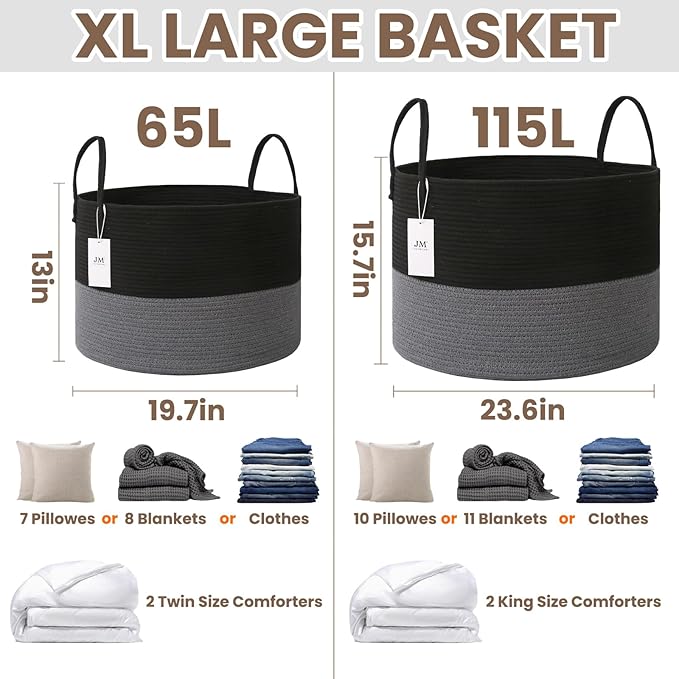 JMvicyroam 65L Extra Large Blanket Basket for Living Room - Woven Cotton Rope Laundry Hamper with Reinforced Handles - Storag