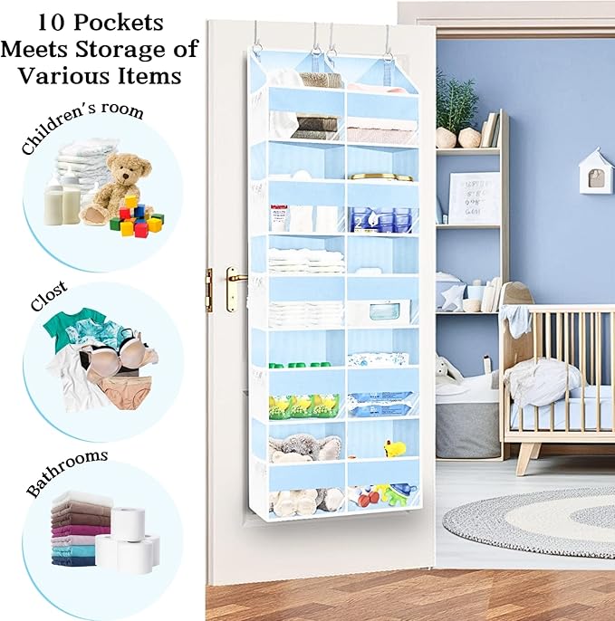 Blue Over the Door Organizer 5 Tiers, Extra Large Behind Door Storage of 10 Compartments, 80 lbs Weight Capacity Hanging Stor