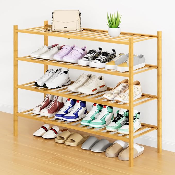 Smiry Shoe Rack, 4 Tier Long Bamboo Shoe Organizer, Stackable Free Standing Wooden Shoe Storage Shelf for Closet, Entryway, F