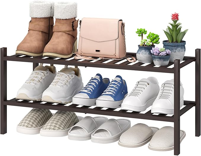 viewcare 2-Tier Shoe Rack for Entryway, Bamboo Shoe Rack for Closet, Free Standing Shoe Racks for Indoor Outdoor, Stackable S