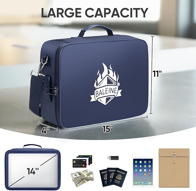 BALEINE Fireproof Document Box with Lock, Portable Fireproof Document Bag Waterproof Fire Proof File Boxes for Documents, Fil