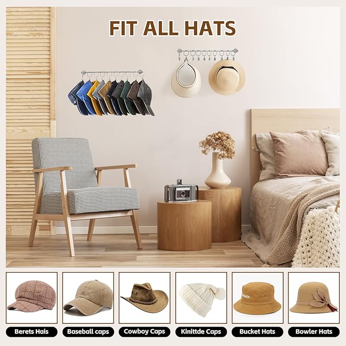 Viklluyr Hat Rack Baseball Cap Wall Organizer - Closet Hats Holder with 20 Hooks - Metal Caps Storage Wall Mounted Hat Hanger
