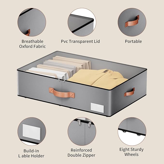 Under bed Storage With Wheels,Large Capacity 7.5 inches Height Storage Bins,Rolling Under bed Shoe Storage Containers,Under b