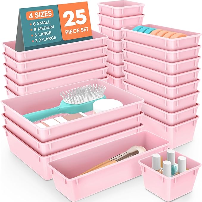 WOWBOX 25 PCS Plastic Drawer Organizer Set, 4 Sizes Desk Drawer Divider Organizers and Storage Bins for Makeup, Jewelry, Gadg