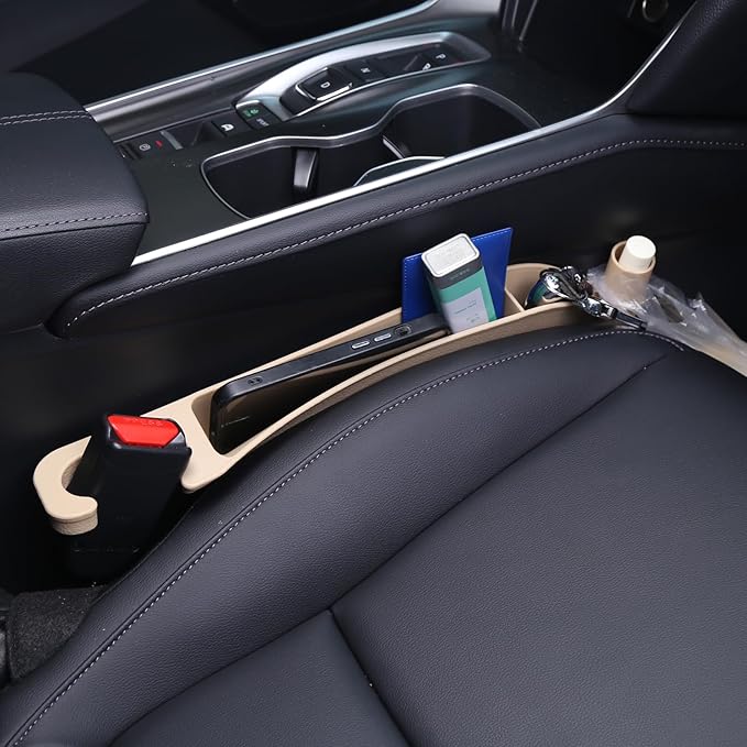 Supin Car Seat Gap Filler Set of 2, Multifunctional Seat Side Gap Filler with Organizer & Hook Function& 2 Storage for Stabilizing Phone,Keys Wallet, Fill The Gap Between Seat & Console (Beige)