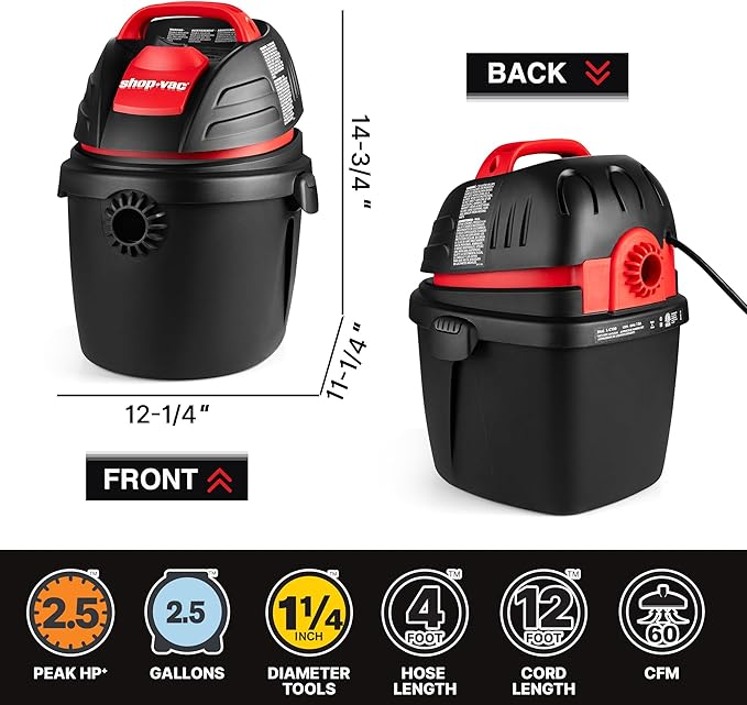 Shop-Vac 9303511 2.5 Gallon Wet Dry Vacuum, 2.5 Peak HP, 1.25 Inch Diameter x 4 Foot Hose, 12 Ft Cord Length, Wall Mounted, I