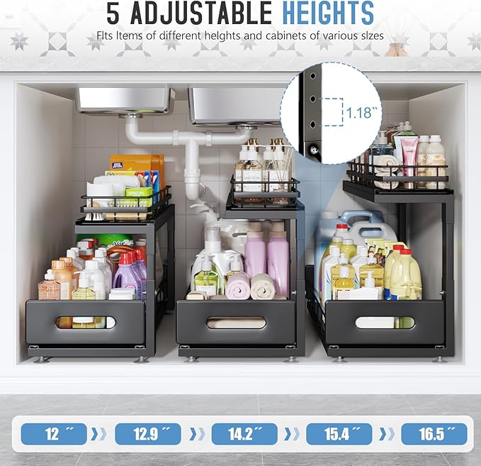Under Sink Organizer Upgrade To Professional Rails,2-Tier Dual Pull Out Cabinet Storage,Height Adjustable Slide Out Drawers F