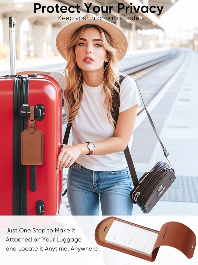Luggage Tags Built-in Anti-Loss Tracker, Luxury Leather Luggage Tags for Suitcase, Travel Bags, Backpacks, Travel Organizer f