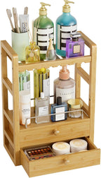 AmazerBath Bamboo Bathroom Countertop Organizer, 2-Tier Makeup Organizer with 2 Drawers, Vanity Organizer Storage Coffee Matc