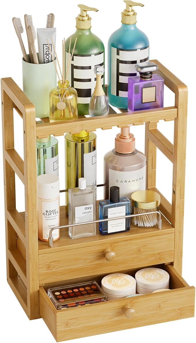 AmazerBath Bamboo Bathroom Countertop Organizer, 2-Tier Makeup Organizer with 2 Drawers, Vanity Organizer Storage Coffee Matc