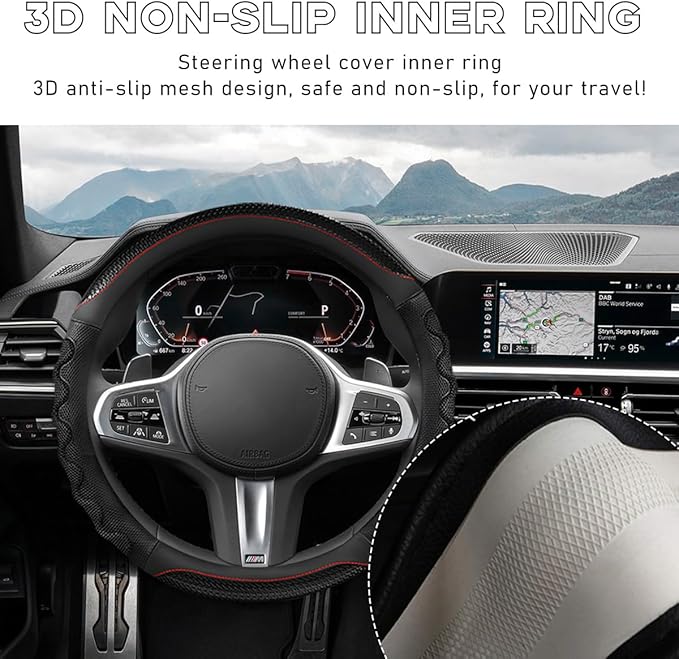 Yourkar Car Steering Wheel Cover, 15 Inch Leather Round Comfy Grip Steering Wheel Protector, Anti-Slip Steering Wheel Cover w