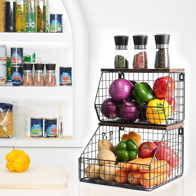 Mefirt Fruit Basket, Stackable Wall Mounted Fruit Baskets, Potato Baskets Onion Storage for Kitchen, Hanging Wire Basket with