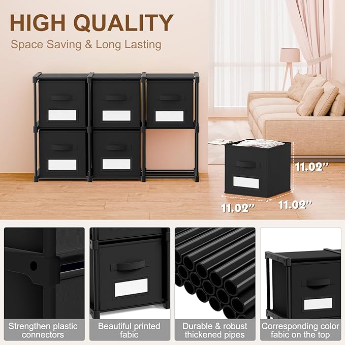 Geelin 6 Cube Storage Organizer with Fabric Bins and Labels 11 Inch, Fabric Collapsible Cubby Clothes Storage Drawer Dresser 