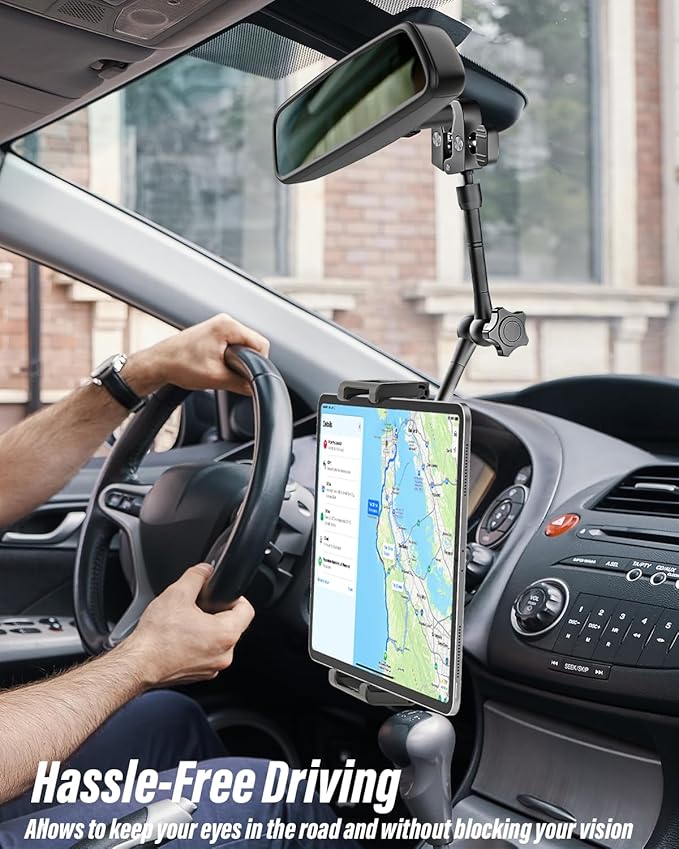 woleyi Car Rearview Mirror Tablet Holder Clip - [Metal Arm] Rear View Mirror Tablet Mount for Car Accessories with 360 Rotatable and Retractable for iPad Pro 13 Air Mini, Galaxy, Fire, 6-15.6" Devices